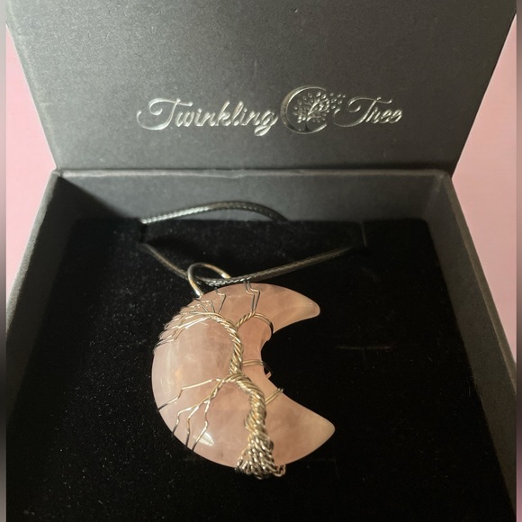 Twinkling Tree Rose Quartz Crescent Moon Tree of Life Necklace - Picture 2 of 9